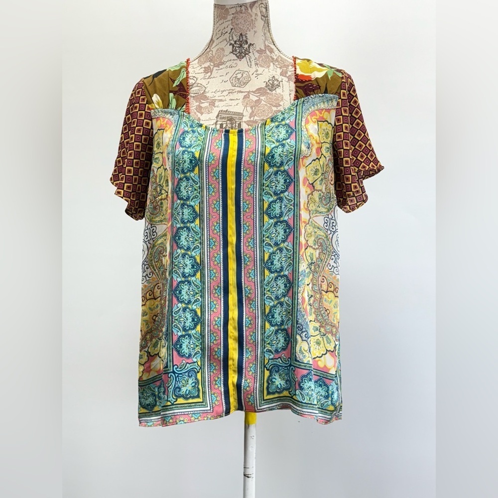 ODDY Yellow and Blue multi graphic print silky top size M - Picture 7 of 13